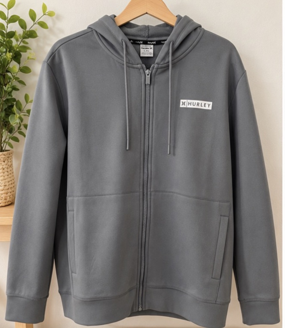 Hurley Men's Full Zip Hoodie Grey Size L Performance Scuba Fleece Sweatshirt